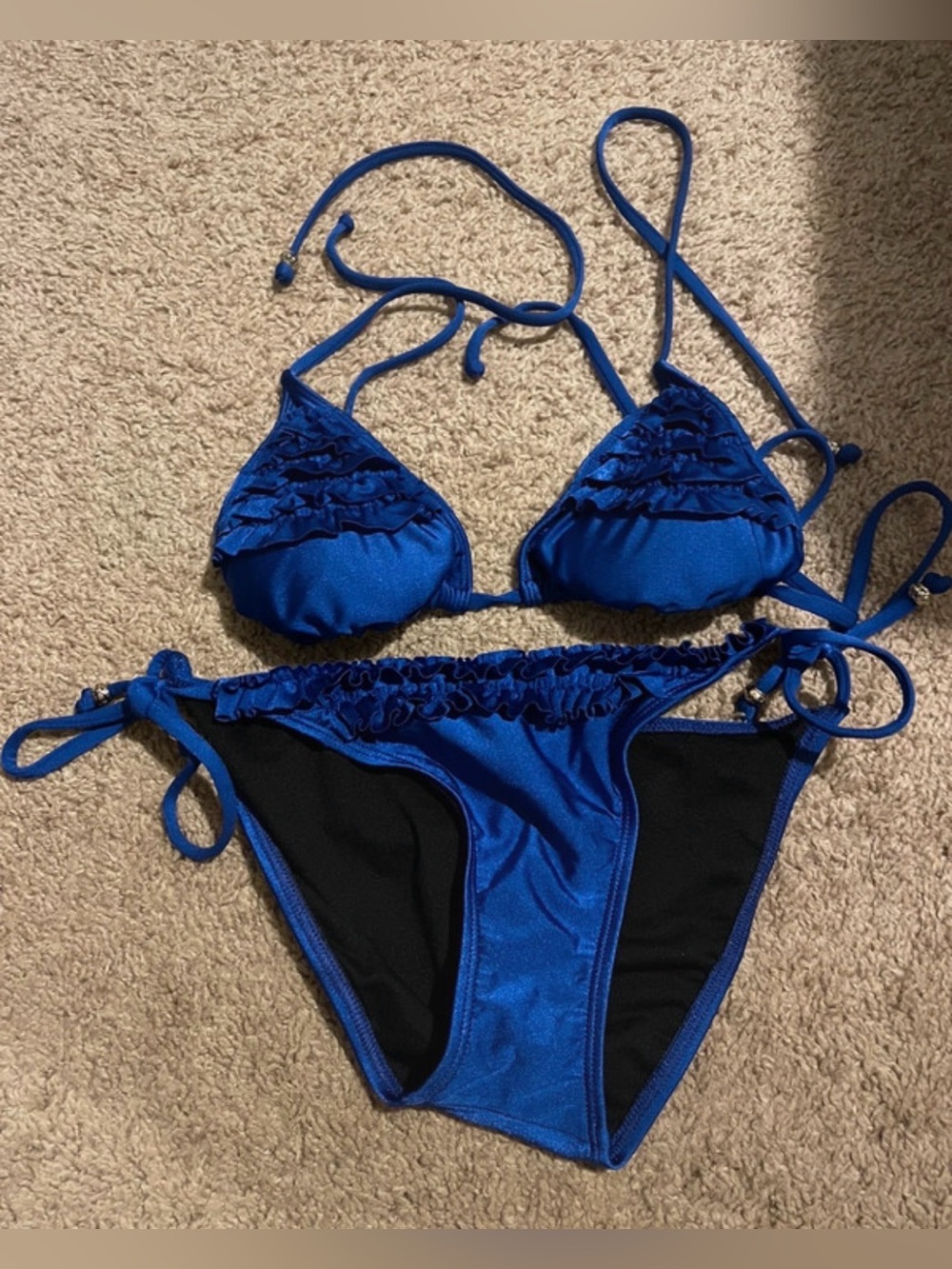 Rampage Blue Ruffled Triangle String Bikini Set
